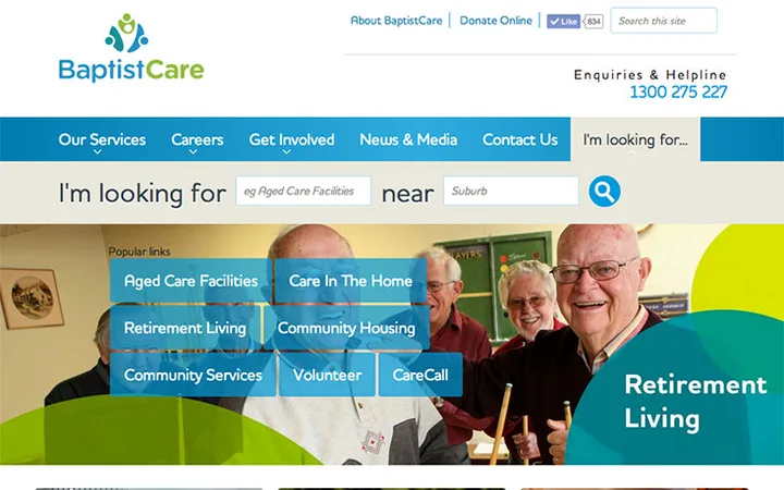 Home page of the BaptistCare website