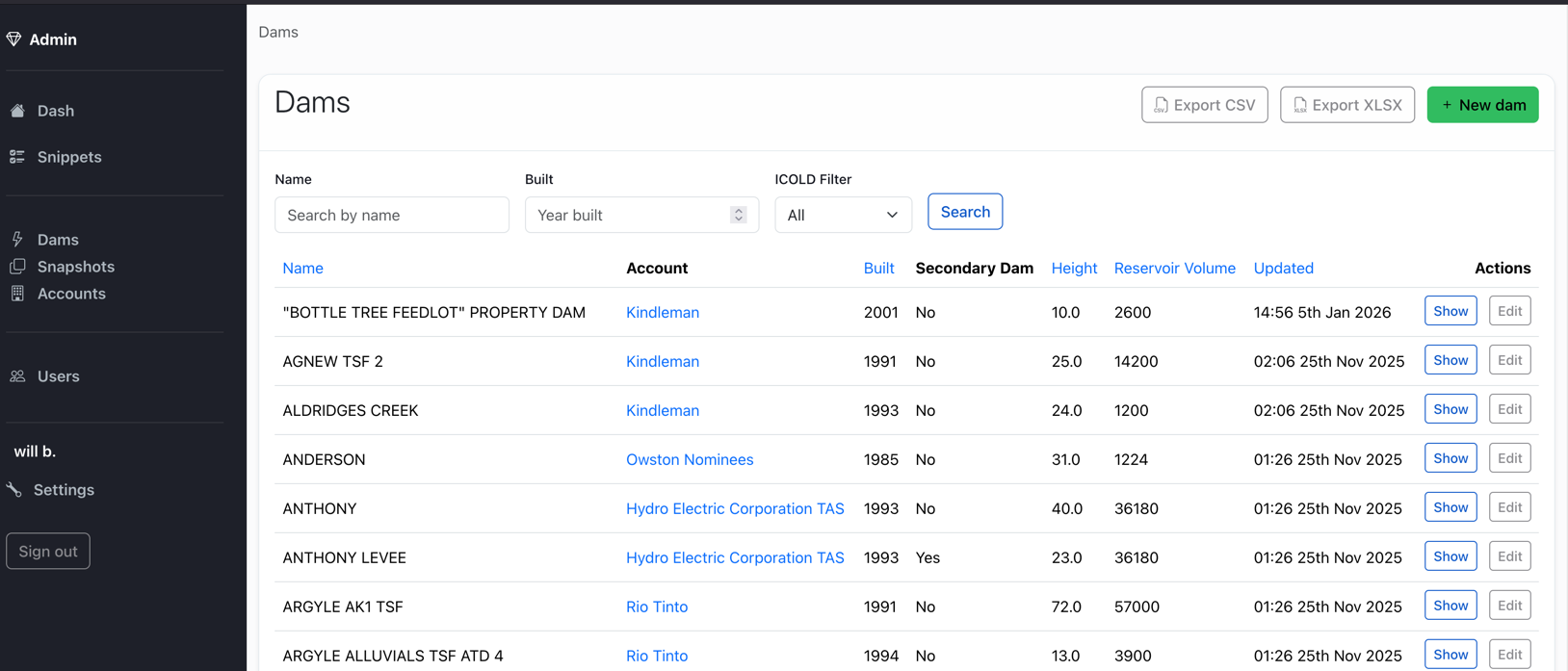 Dam Register Web App