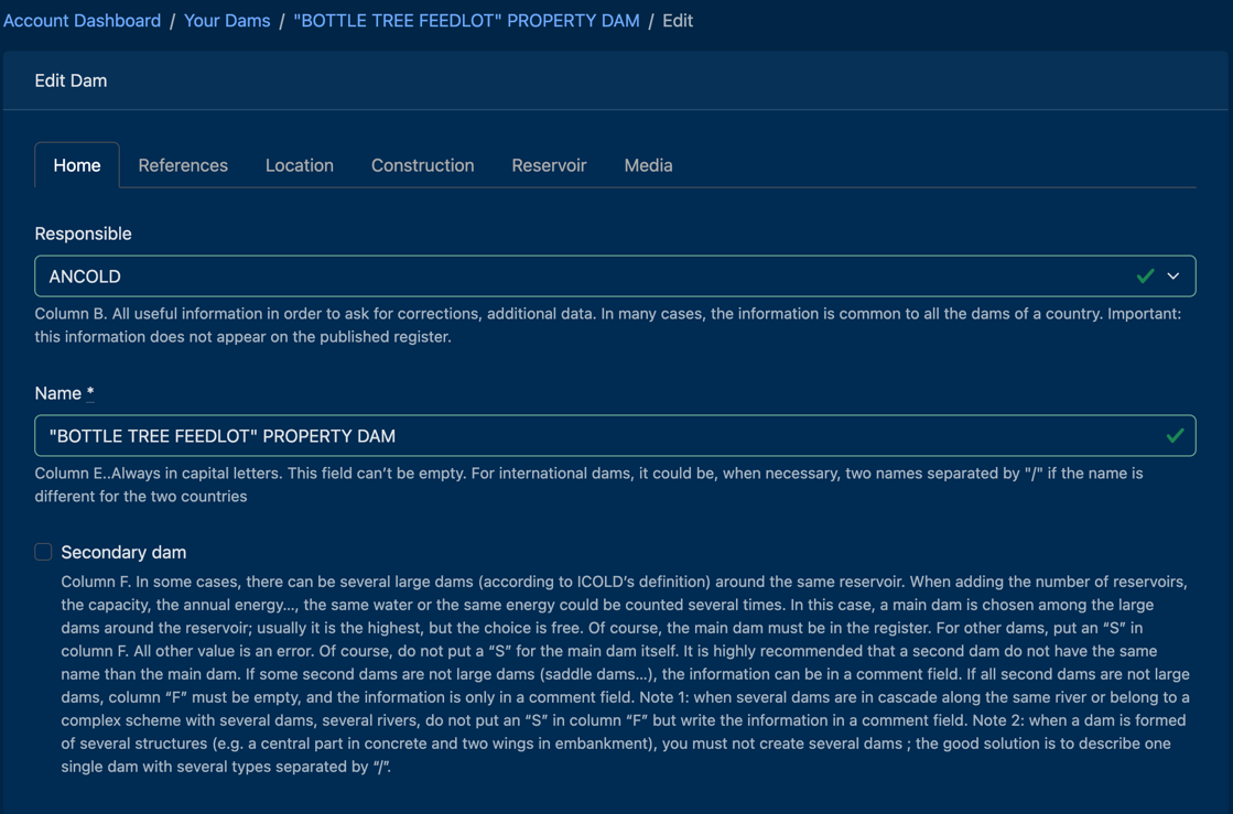 Dam Register Web App