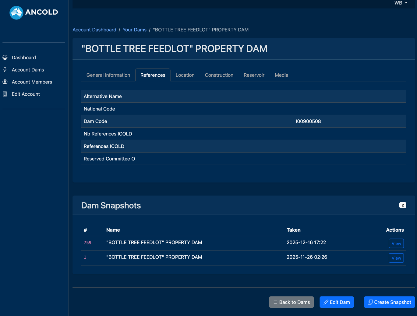 Dam Register Web App