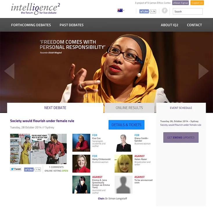 Home page of Intelligence Squared Australia, with a speaker mid-debate, the next debate and its line-up of speakers