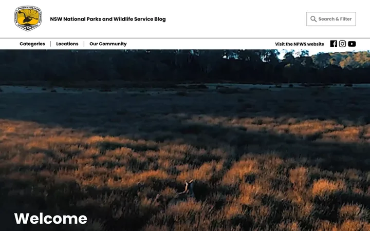 Home page of the NSW National Parks and Wildlife Service blog, with a hero photo of moorland at dusk