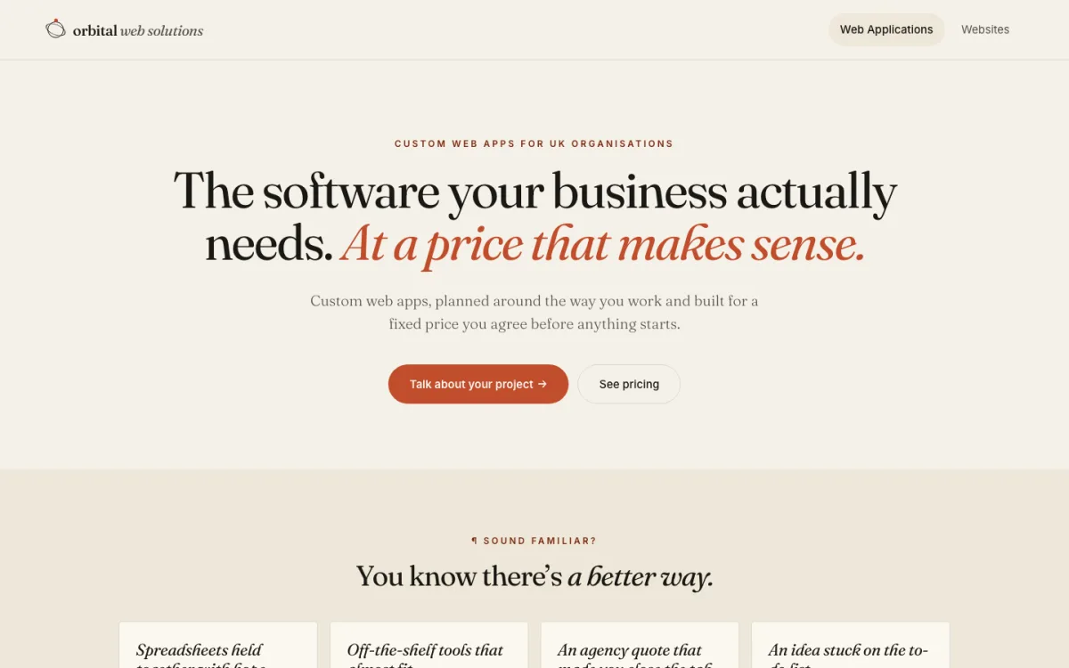 Home page of the Orbital Web Solutions web applications page, with a headline about software your business actually needs
