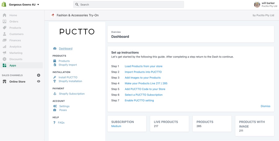 Puctto Shopify App Dash