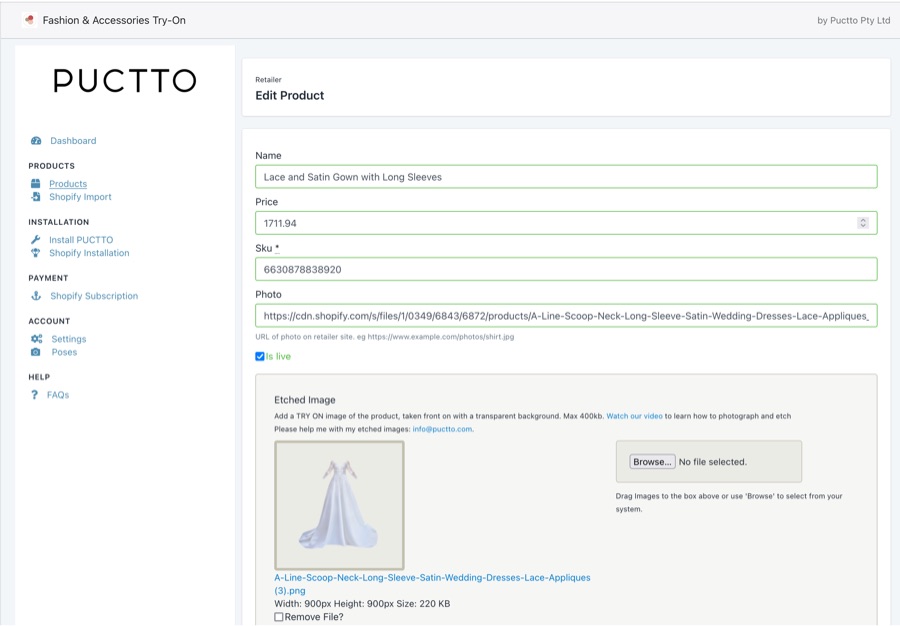 Puctto Shopify App Edit Product