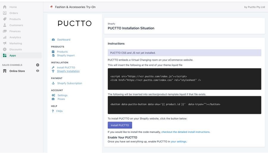Puctto Shopify App Installatior