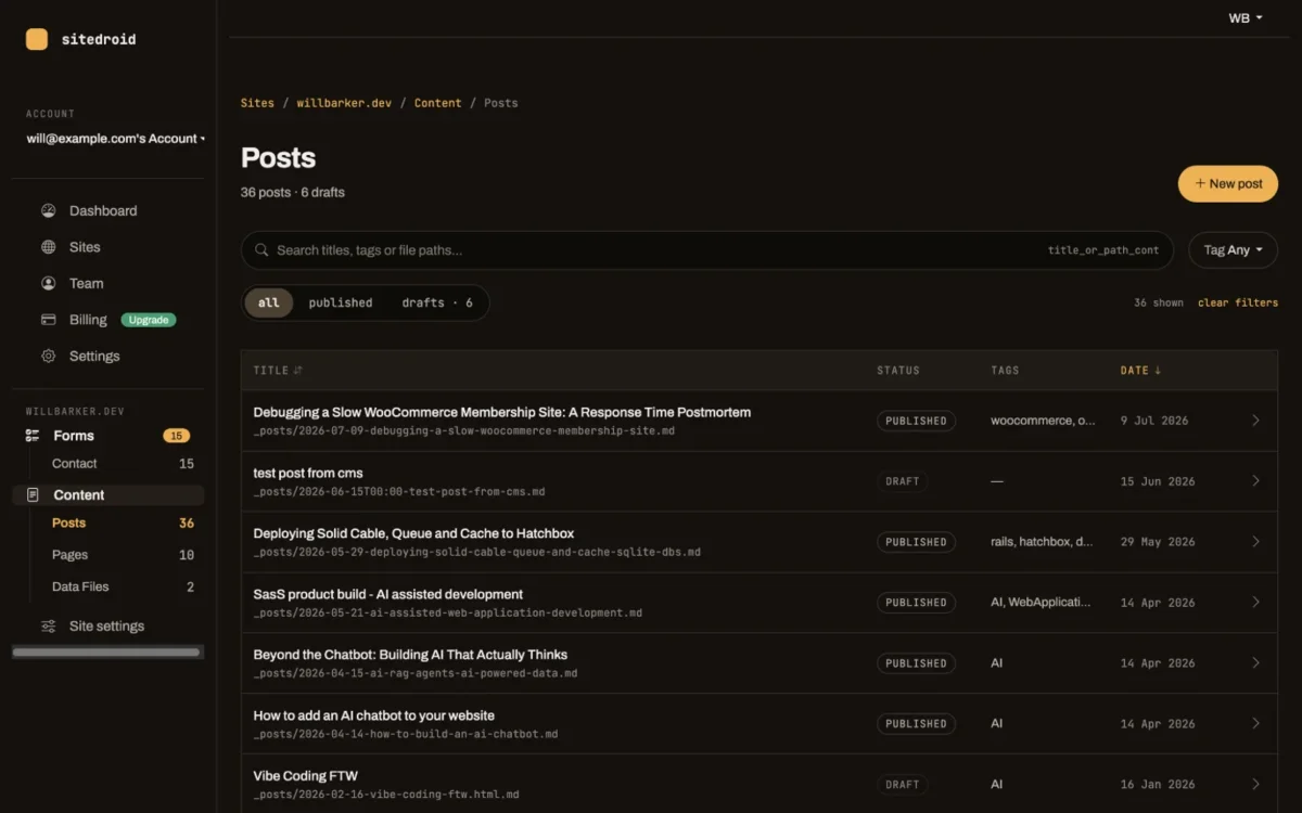 The Sitedroid posts screen