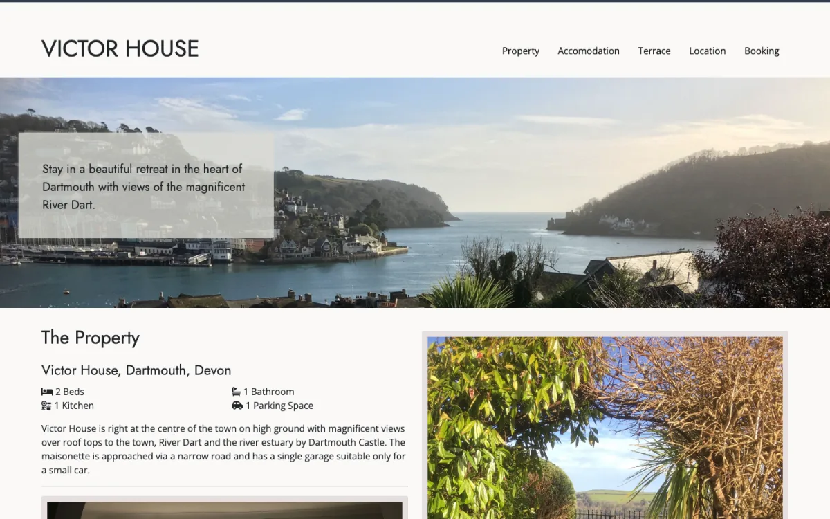 Home page of Victor House, with a view over the River Dart and Dartmouth from the holiday home
