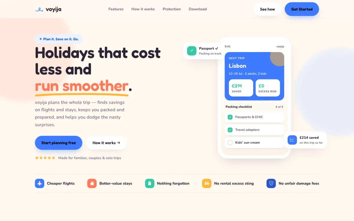 Home page of voyija, with the headline Holidays that cost less and run smoother and a phone showing a trip plan