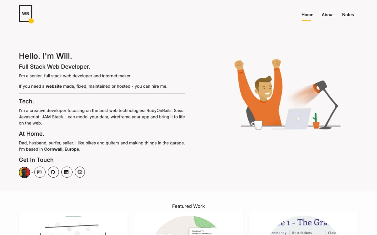 Home page of willbarker.dev, with an illustration of a developer at a desk and a short introduction